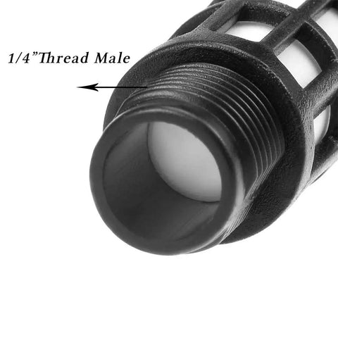 Close-up of the 1/4 inch G-thread male connection on a plastic exhaust silencer for air lines, diffusing air and muffling noise on pneumatic tools.