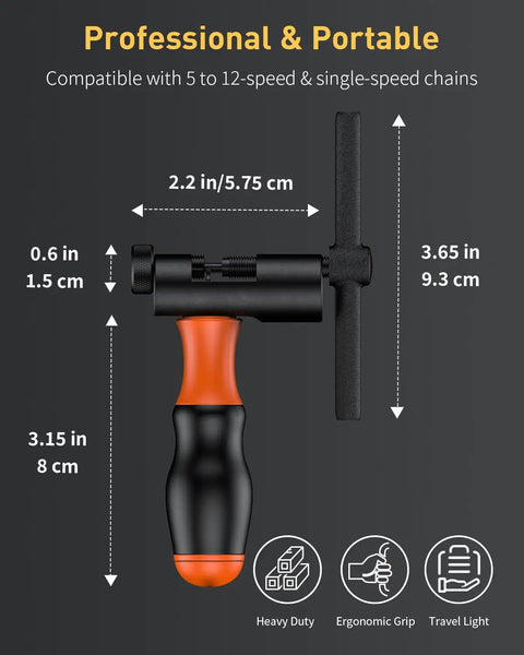 Heavy Duty Bike Chain Breaker Tool For 5 To 12 Speed And Single Speed Chains With Chain Hook And Two Replacement Driving Pins Rivet Remover dimensions and design features