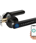 Fingerprint Door Lock With Keypad And App Control, No Key Needed Keyless Entry Smart Lock For Bedroom Hotel Apartment, Digital Biometric Door Knob With Four Unlock Methods Fingerprint Passcode Bluetooth App Key, Gunmetal Finish. Image shows lock and smartphone app, black finish.