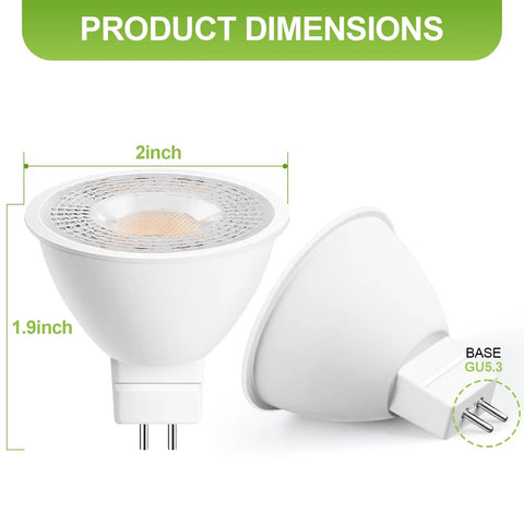 Heavy Duty MR16 LED Bulbs 6 Pack GU53 Bi Pin Base 5 Watt Replaces 50 Watt Halogen 5000K Daylight White dimensions 2 inch by 1.9 inch.