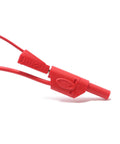 Close-up of a red fully insulated 4mm banana plug male stackable connector with banana jack adapter, nickel-plated brass construction.