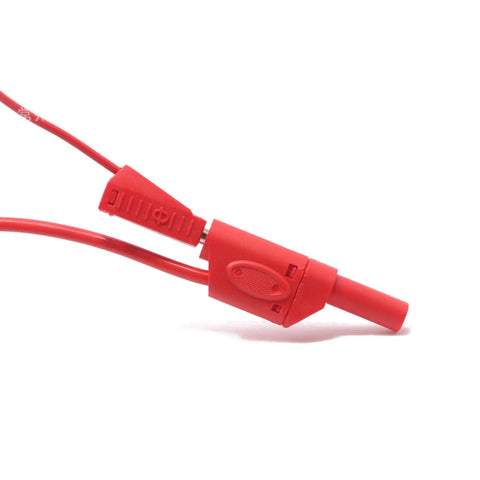 Close-up of a red fully insulated 4mm banana plug male stackable connector with banana jack adapter, nickel-plated brass construction.