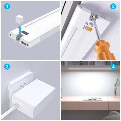 Steps to install Plug In 24 Inch Under Cabinet Light Bar With Wave Sensor, showing assembly, installation, and power connection.