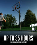 Outdoor evening scene with Rechargeable Portable Work Light Up To 10,000 Lumens With 360-Degree Folding Panels illuminating a basketball hoop.