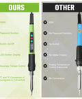 Comparison of 100W LED Digital Soldering Iron Kit With Ceramic Heater and a 60W analog model, highlighting features and differences.