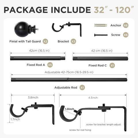 Package contents of Heavy Duty Adjustable Curtain Rod Set 32 To 120 Inches 1 Inch Diameter Black Finish For Bedroom Sliding Doors And Patio