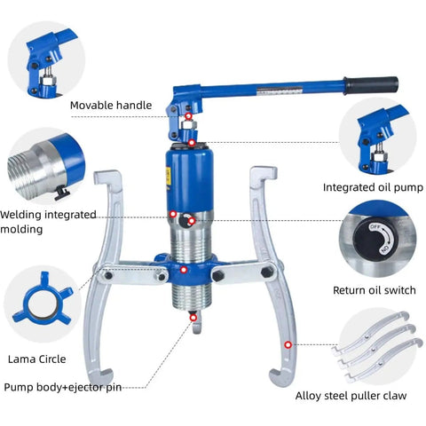 Heavy Duty Hydraulic Gear Puller Built Like A Tank With 10 Ton Max Force, close-up of movable handle and integrated oil pump.