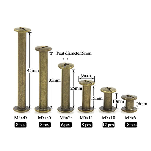 Heavy Duty Bronze Chicago Screws And Binding Posts For Scrapbook Albums Leather Crafting Assorted M5 Lengths Knockout Hardware Kit sizes display
