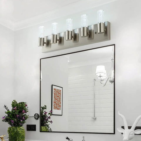 Five Light Brushed Nickel Vanity Light Fixture With 40W 6000K Non Dimmable LED above a modern bathroom mirror cabinet.