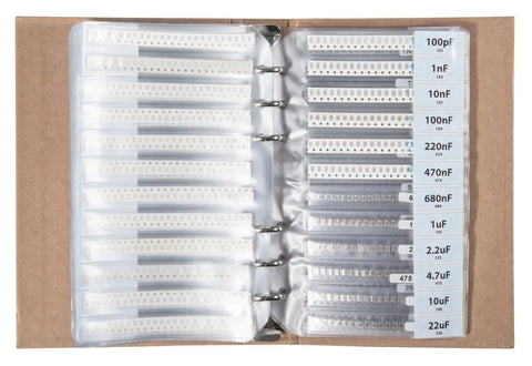 SMD 0805 Components Assortment Kit In An SMT Book With 5435 Pieces including labeled resistors and capacitors for quick reference.