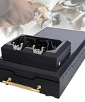 Rugged Electric Automatic Portafilter Coffee Grounds Cleaner And Espresso Knock Box With Generous Catch Tray side view showing rapid spin unit.