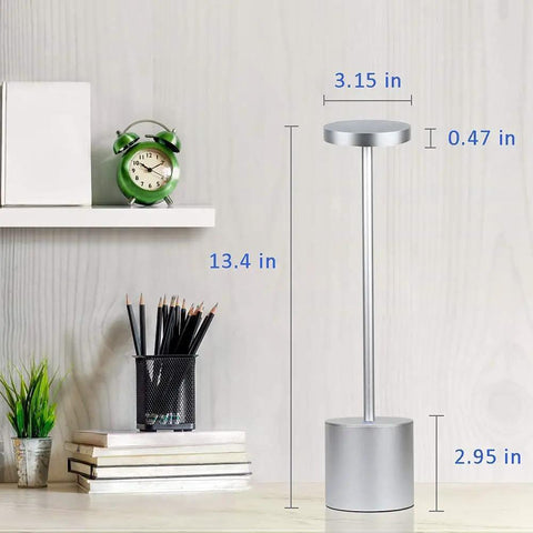 Cordless LED Table Lamp With Rechargeable 6000mAh Battery And Two Level Brightness Go To Modern Silver Finish next to books and clock