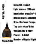 Industrial Wrought Iron Pendant Light Adjustable Single Head E27 Chandelier for Kitchen Island, showing dimensions and details.