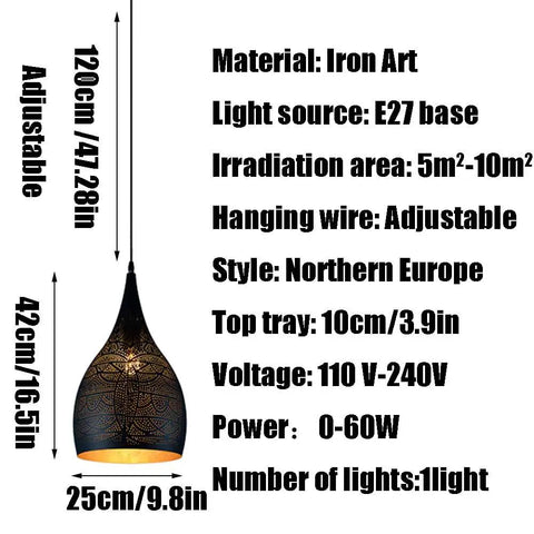 Industrial Wrought Iron Pendant Light Adjustable Single Head E27 Chandelier for Kitchen Island, showing dimensions and details.