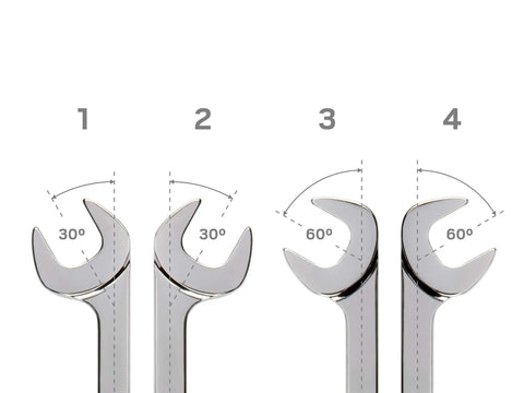 Angle Head Open End Wrench Set 4-Piece 24 27 30 32 Mm with 30 60 Degree Offset showing four wrenches with angles