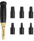 Slick Adjustable Leather Hole Punch Tool Kit With Six Sweet Interchangeable Bits For Knockout Precision In DIY Crafting Sewing And Leatherwork Projects Black, featuring brass handle and black bits.