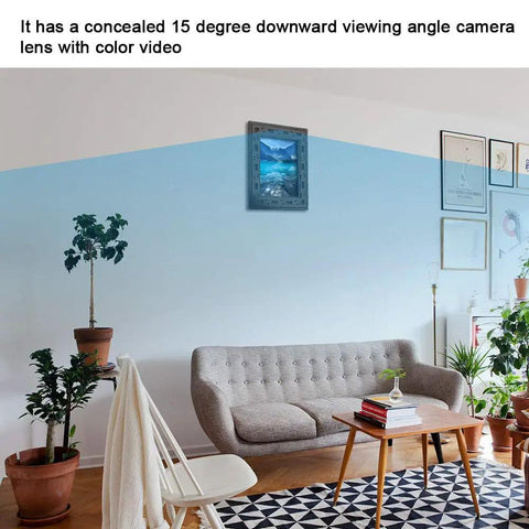 Living room with Hidden WiFi Spy Camera Photo Frame 1080P With Night Vision And Motion Detection Real Time Alerts To Your Smartphone