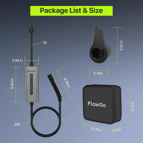 Package contents of Tesla Level 2 EV Charger 40A Portable 9.6kW With NEMA 14 50 Plug 240V, 25 Ft Cable, wall holster, and bag