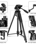 Lightweight Aluminum Laser Level Tripod With Handy Portable Handle And Bubble Level Pro Grade Quick Release Plate With One Quarter Inch Screw Five Eighths Inch Adapter Nut And Three Way Swivel Pan Head For Easy On The Job Alignment, showing tripod features like 3 way head, hand crank, lock knob, hanging hook, and non-slip rubber mats.