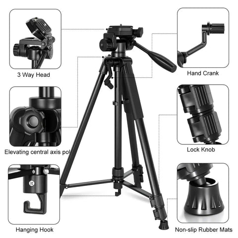 Lightweight Aluminum Laser Level Tripod With Handy Portable Handle And Bubble Level Pro Grade Quick Release Plate With One Quarter Inch Screw Five Eighths Inch Adapter Nut And Three Way Swivel Pan Head For Easy On The Job Alignment, showing tripod features like 3 way head, hand crank, lock knob, hanging hook, and non-slip rubber mats.