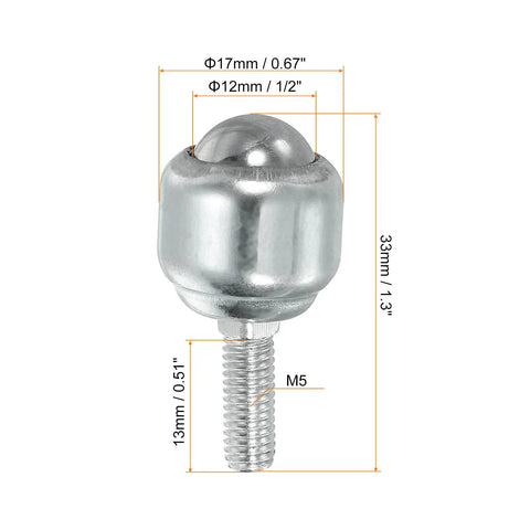 Heavy Duty Roller Ball Transfer Bearing One Half Inch, Eight Pack Stud Mounted For Conveyor Rollers, Carbon Steel Unit, Ball Diameter 12mm, M5 Threads