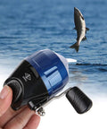 Slingshot Style Spincast Fishing Reel Replacement Accessory For Outdoor Travel Ultra Lightweight And Portable With Easy Operation Push Rear Button Before Cast To Prevent Line Tangles Blue held by hand next to jumping fish