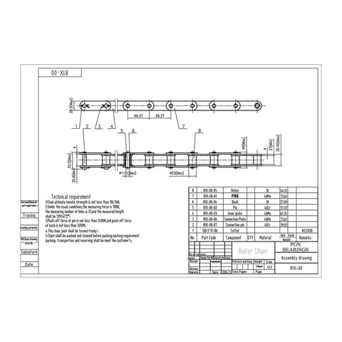 81X Single Strand Roller Chain For Lumber Conveyor Systems, ANSI Power Transmission, technical drawing with specs