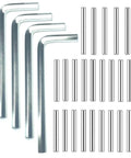 Spring Hinge Tension Pin Replacement Kit With 41 Stainless Steel Shelf Pins And 4 Hex Wrenches For DIY Friendly Self Closing Door Hinges And Garage Door Closer Fits Three Point Five Inch Four Inch And Four Point Five Inch Pins Durable Metal Dowel Pegs shown with hex wrenches and steel pins.