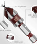 5-piece countersink drill bit set with 82-degree tips and 1/4-inch hex shanks for wood, metal, and plastic