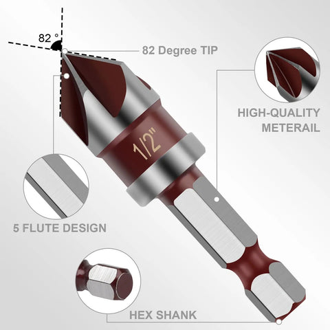 Five Piece Countersink Drill Bit Set With 82 Degree HSS Countersink Bits For Wood Metal And Plastic Sizes One Quarter To Three Quarters Inch Includes One Quarter Hex Shank And DIY Friendly Durable Coated Bits Pro Grade Performance