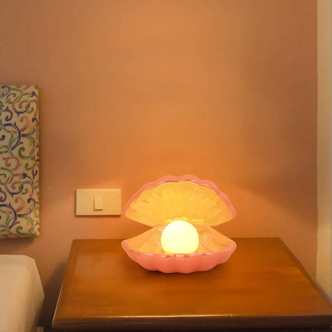 Ocean Inspired Pearl Light LED Seashell Lamp for Nightstand and Desk Ceramic Shell Glow Portable Pink Night Light in room setting