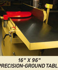 Workhorse 16 Inch Parallelogram Jointer With Helical Head And Fifty Eight Carbide Inserts Seven Point Five Horsepower Cast Iron Table with precision-ground surface.