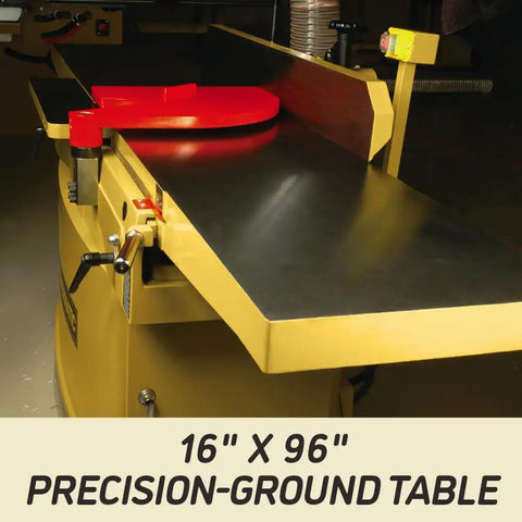 Workhorse 16 Inch Parallelogram Jointer With Helical Head And Fifty Eight Carbide Inserts Seven Point Five Horsepower Cast Iron Table with precision-ground surface.