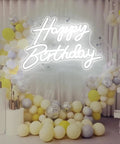LED Neon Happy Birthday Sign Night Light For Party Backdrops And Bedroom Wall Decor, USB Powered White Glow