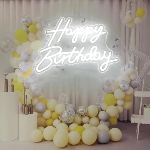 LED Neon Happy Birthday Sign Night Light For Party Backdrops And Bedroom Wall Decor, USB Powered White Glow