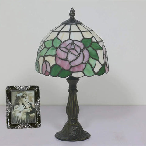 Stained Glass Table Lamp Pink Rose Design With Zinc Alloy Base Bedside Light For A Homey Cozy Living Room And Bedroom Handmade Antique Style Lampshade E26 Bulb Not Included