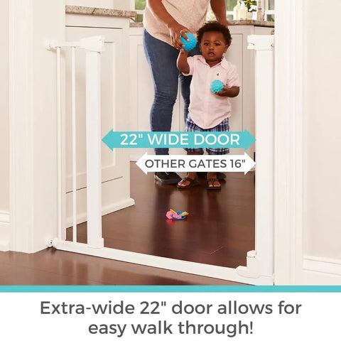 Bright Choice Auto Close Kiddo Safe Baby Gate With Glow In The Dark Handle, child walking through 22-inch wide doorway