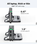 Vertical Laptop Stand For Desk, Aluminum Holder, side view with MacBook Air 2022 and HP Game Laptop PC showing width range 0.47"-1.0"