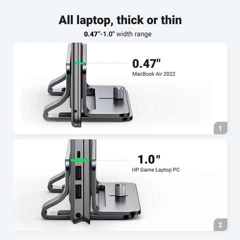 Vertical Laptop Stand For Desk, Aluminum Holder, side view with MacBook Air 2022 and HP Game Laptop PC showing width range 0.47"-1.0"