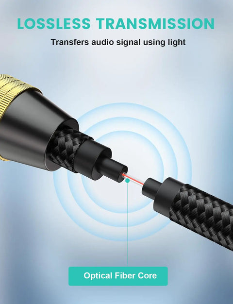 Close-up of Slick Nylon Braided Toslink To Toslink Optical Audio Cable with gold plated ends, showing optical fiber core detail.