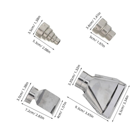 High Grade Stainless Steel Heat Gun Nozzle Set For Plastic Welding And Shrink Wrap Repair With Easy Swap Design and Energy Efficient Airflow, featuring various sizes and shapes.
