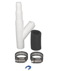 Drain Line Adapter With Quick Connect For Water Filter And Dishwasher Drain Hose No Hassle Install Easy For RO Systems Fits One Quarter Inch Quick Connect And Seven Eighth Inch Fittings In Garbage Disposal Line showing components like white adapter tube, metal clamps, black rubber sleeve and blue clip.