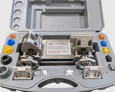 EZ On Hose Press for Barbed Fittings Insertion Easy Clamp and Drive Screw System tools and accessories in a case