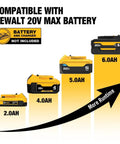 Dewalt 20V battery compatibility chart showing 2AH, 4AH, 5AH, and 6AH batteries for No Bs Cordless 18ga Brad Nailer And 2 Inch Nail Gun Battery Powered Tool Only Fits DeWalt 20V Packs.