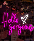 Neon Sign Wall Art Light for Bedroom Bar Pub Club Rave Decor 60x37cm with 'Hello Gorgeous' text and heart, LED glow
