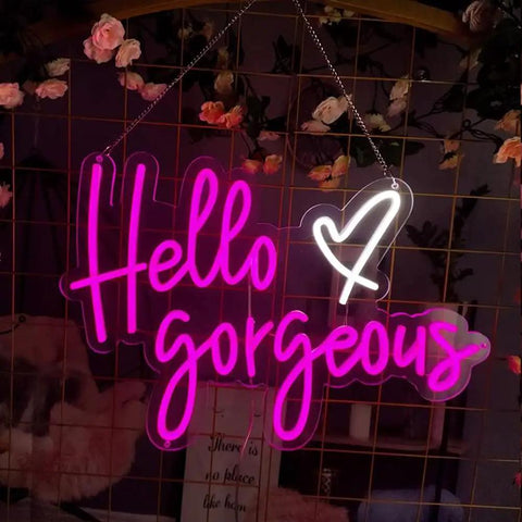 Neon Sign Wall Art Light for Bedroom Bar Pub Club Rave Decor 60x37cm with 'Hello Gorgeous' text and heart, LED glow