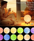 Living room scene with 7 Inch Moon Lamp With 16 Color Options And 148 Modes Remote Or Touch Control Rechargeable Led Night Light