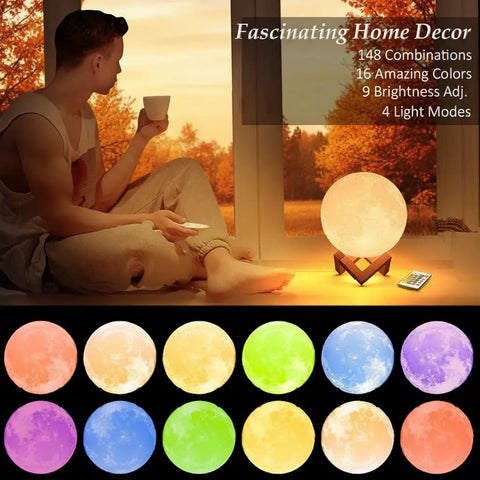 Living room scene with 7 Inch Moon Lamp With 16 Color Options And 148 Modes Remote Or Touch Control Rechargeable Led Night Light