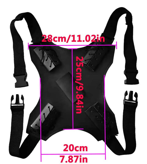 Black Sword Sheath Back Strap With Over The Back Harness For Samurai Cosplay, Durable PVC Sword Belt with measurements shown