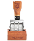 Super Handy Self Inking Roller Date Stamp prints day month year with wooden handle, ideal for scrapbooking and library use.